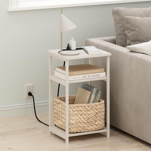 Furinno Moretti 3-Tier Black End Table with Charging Station, Metal Frame Side Table with USB and Type-C Charging Port, Night Stand, Bedside Table for Living Room, Bedroom, Dark Americano(Plain White/White)