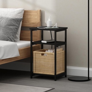 Furinno Moretti 3-Tier Black End Table with Charging Station, Metal Frame Side Table with USB and Type-C Charging Port, Night Stand, Bedside Table for Living Room, Bedroom, Dark Americano(Dark Americano)