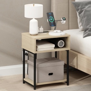 Furinno Moretti 3-Tier Oak End Table with Charging Station, Metal Frame Side Table with USB and Type-C Charging Port, Night Stand, Bedside Table for Living Room, Bedroom, Natural Oak(Natural Oak)