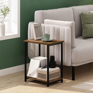 Furinno Simplistic Side Table, 2-Tier Rustic Brown End Table with Metal Frame, Open Shelf Night Stand, Bedside Table, Easy Assembly, for Living Room, Bedroom, Amber Oak(Amber Oak)