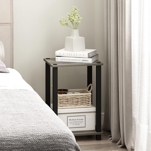 Furinno Simplistic Toolless Assembly Side Table, White 2-Tier End Table, Open Shelf Night Stand, Bedside Table for Living Room, Bedroom, Home Office, Plain White/White(Grey Oak/Black)
