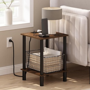 Furinno Turn-N-Tube 2-Tier Square Side Table with Charging Station, End Table, Night Stand, Bedside Table with USB and Type-C Charging Port, for Living Room, Bedroom, Plain White(Amber Oak/Black)