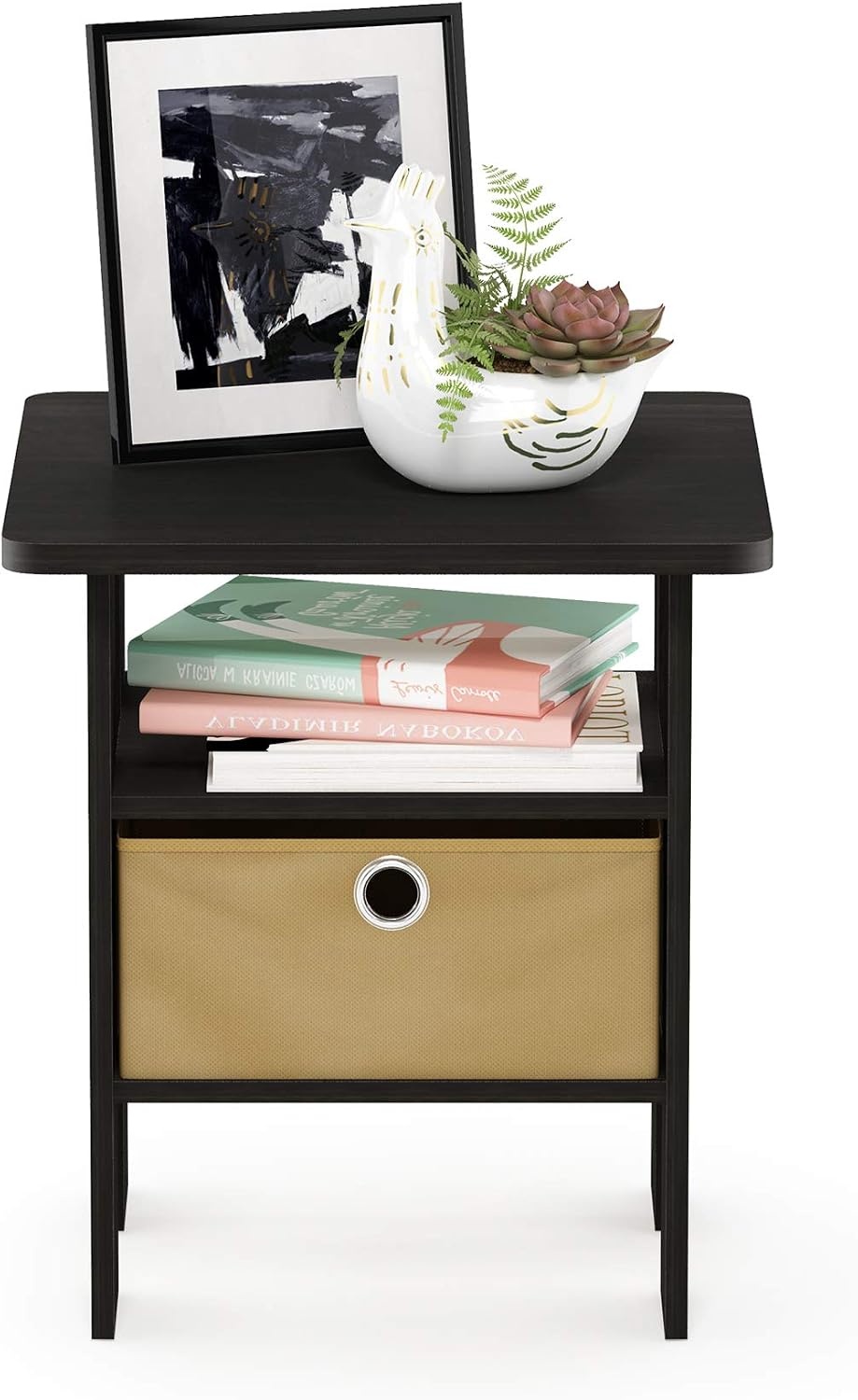 image:imageFurinno Andrey Side Table with Bin Drawer Black End Table with Open Shelves Night Stand Bedside Table for Living Room Bedroom Black Espresso