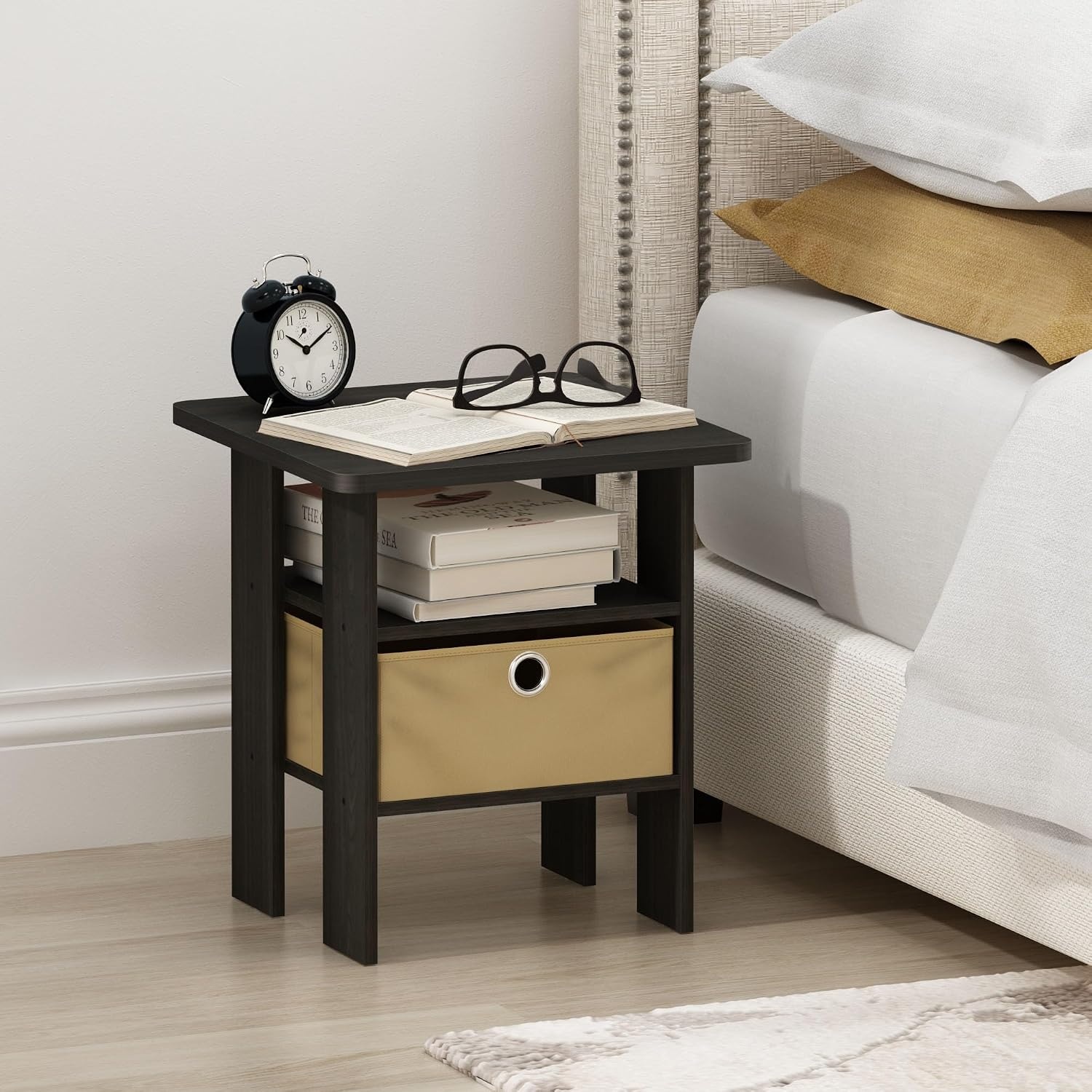 image:imageFurinno Andrey Side Table with Bin Drawer Black End Table with Open Shelves Night Stand Bedside Table for Living Room Bedroom Black Espresso