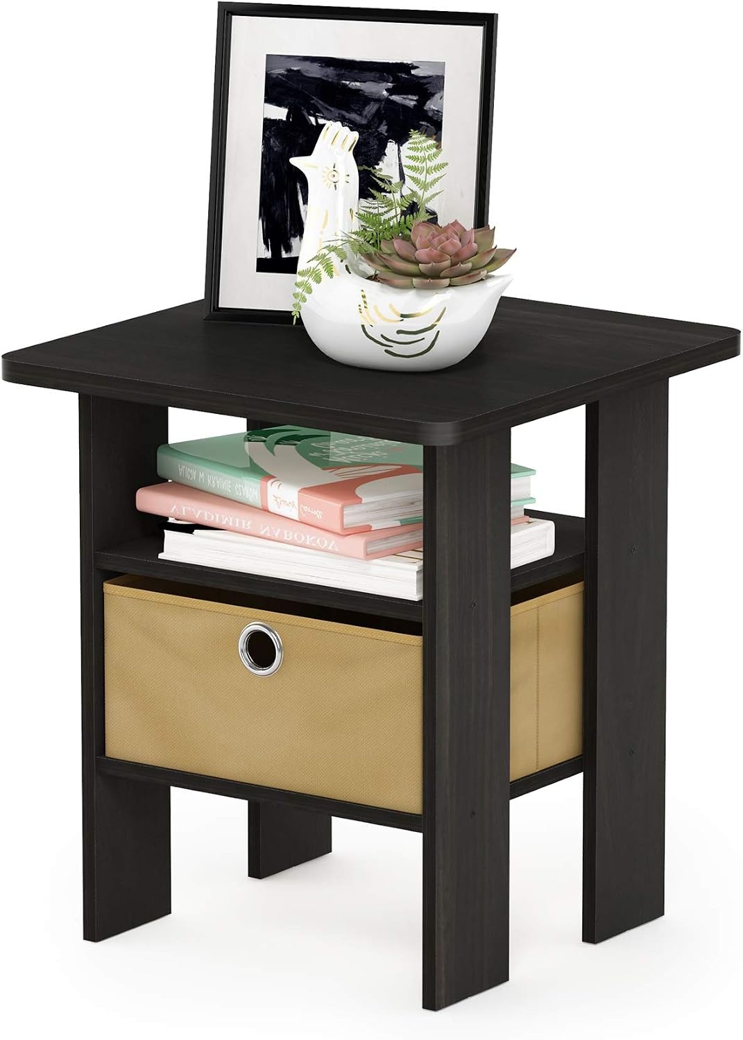 image:imageFurinno Andrey Side Table with Bin Drawer Black End Table with Open Shelves Night Stand Bedside Table for Living Room Bedroom Black Espresso