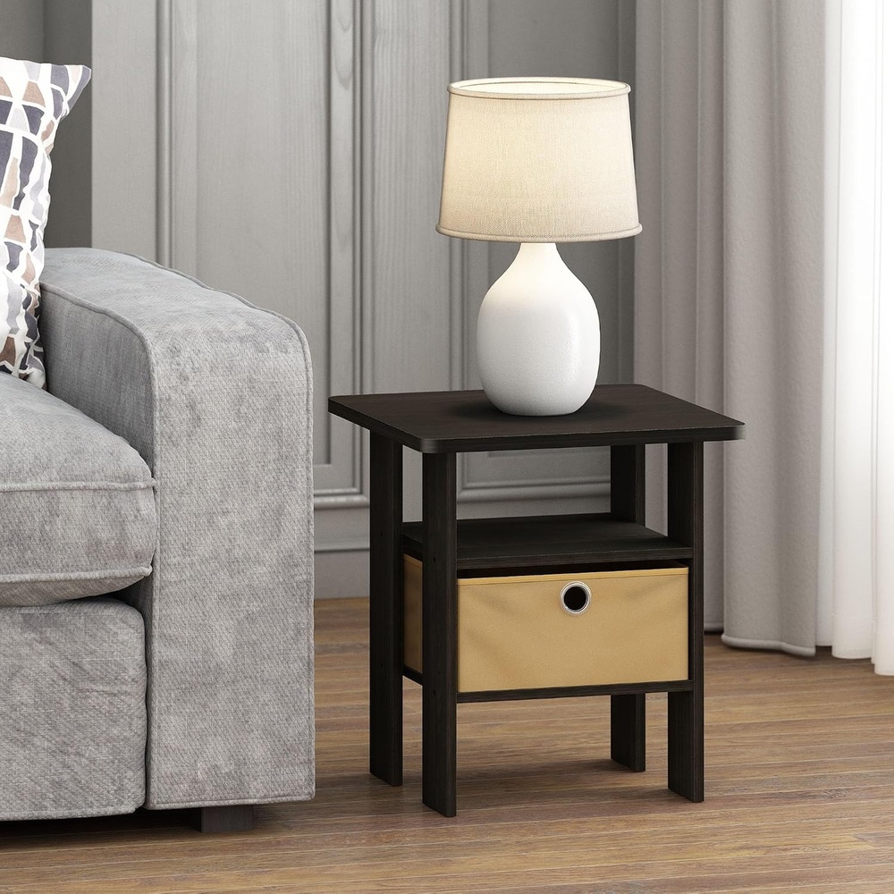 image:imageFurinno Andrey Side Table with Bin Drawer Black End Table with Open Shelves Night Stand Bedside Table for Living Room Bedroom Black Espresso