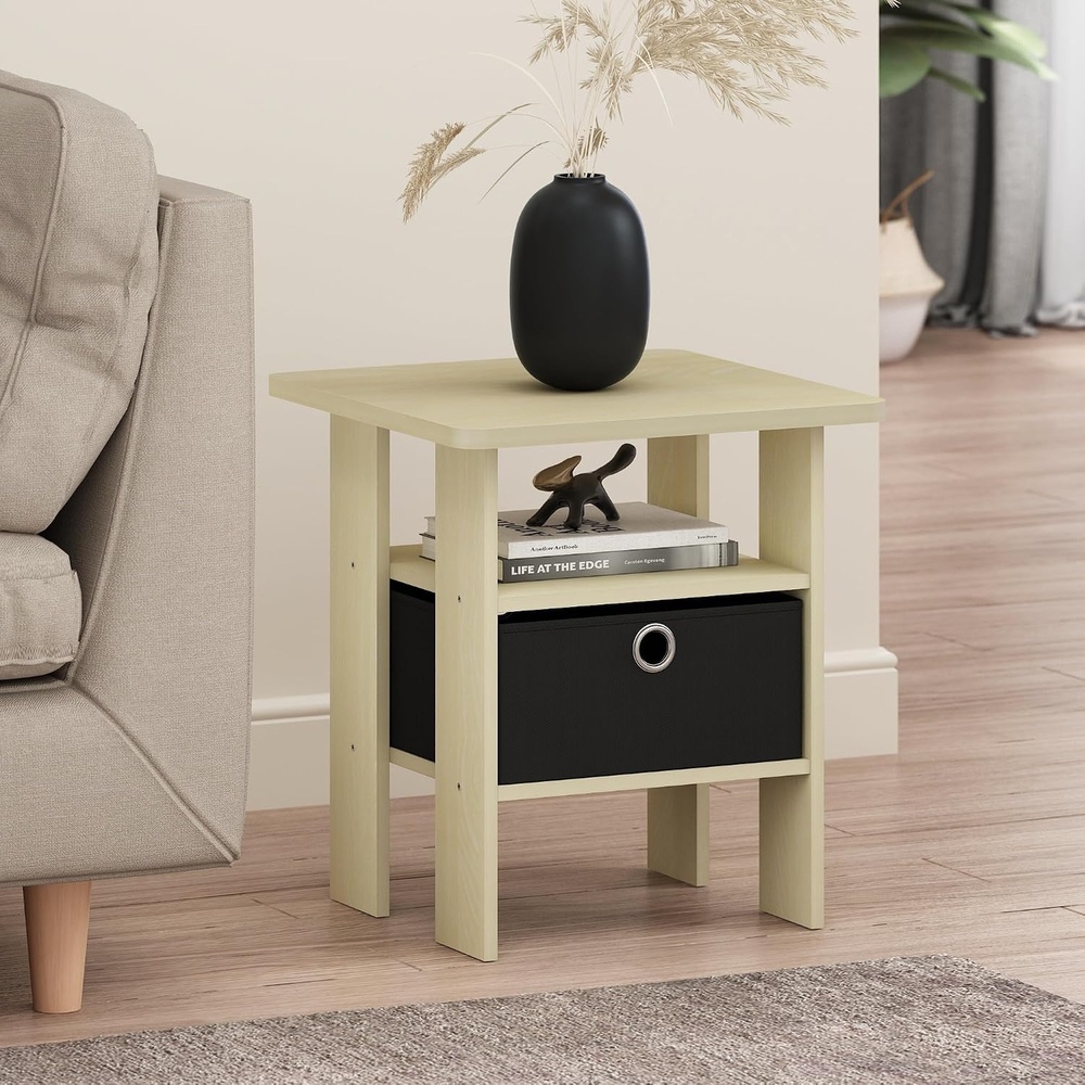 image:imageFurinno Andrey Side Table with Bin Drawer Oak End Table with Open Shelves Night Stand Bedside Table for Living Room Bedroom Light Steam Beech