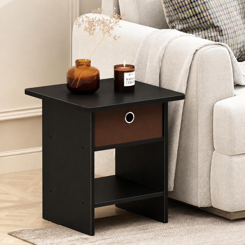 image:imageFurinno Dario Side Table with Bin Drawer Black End Table with Open Shelves Night Stand Bedside Table for Living Room Bedroom Home Office Dark AmericanoMedium Brown