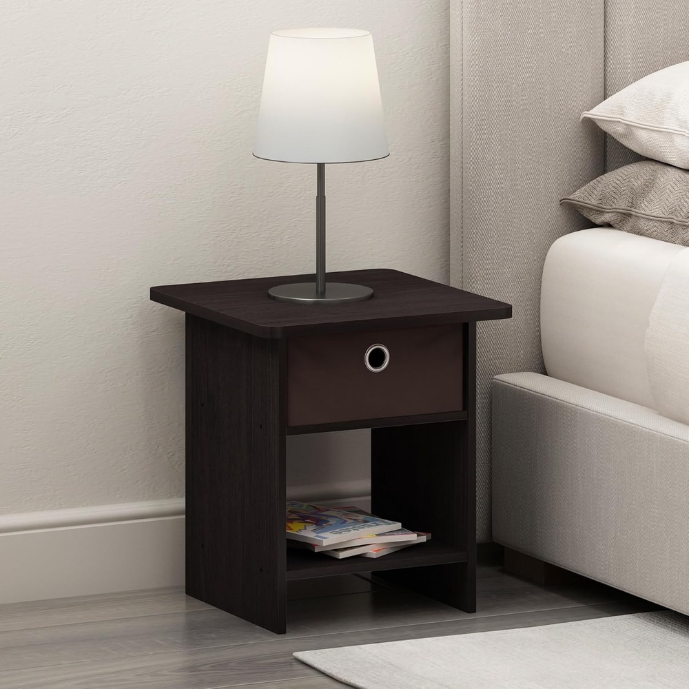 image:imageFurinno Dario Side Table with Bin Drawer Black End Table with Open Shelves Night Stand Bedside Table for Living Room Bedroom Home Office Dark Mocha