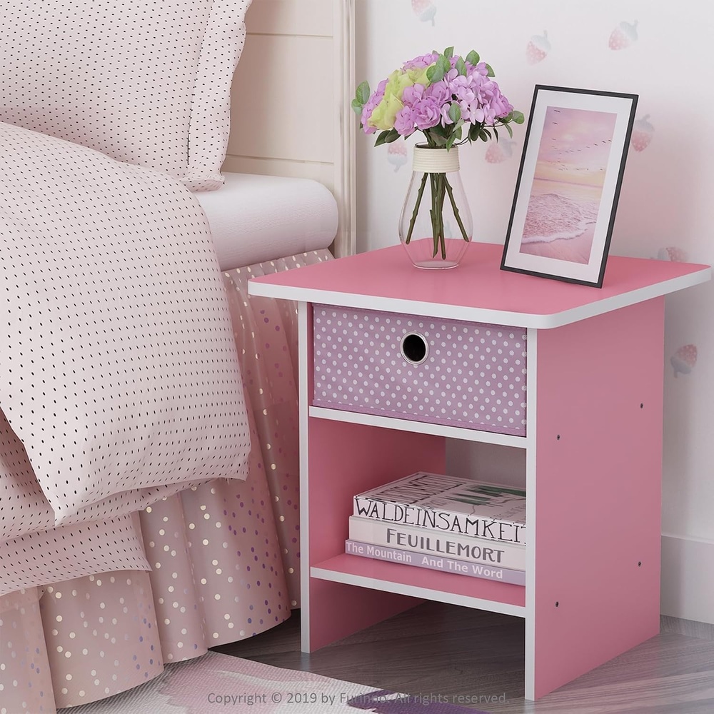 image:imageFurinno Dario Side Table with Bin Drawer Pink End Table with Open Shelves Night Stand Bedside Table for Living Room Bedroom Home Office for Living Room Bedroom Pink