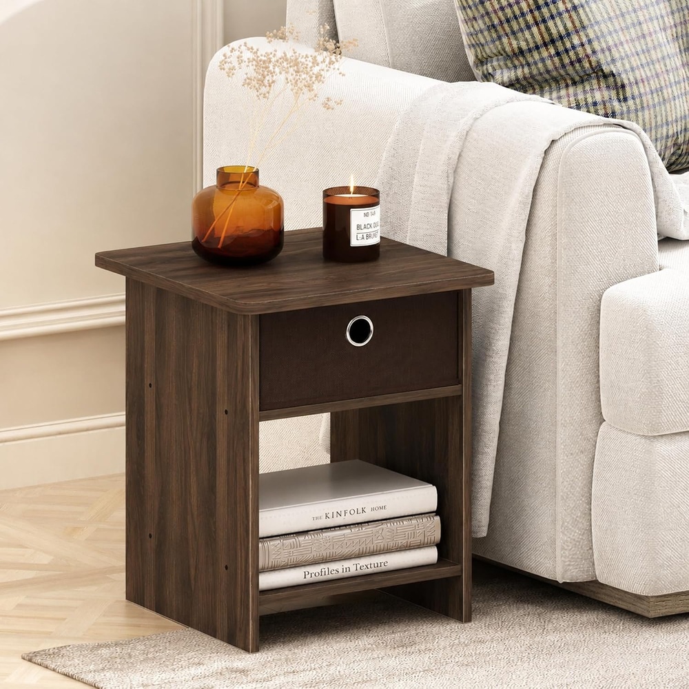 image:imageFurinno Dario Side Table with Bin Drawer Rustic Brown End Table with Open Shelves Night Stand Bedside Table for Living Room Bedroom Home Office Brown WalnutDark Brown
